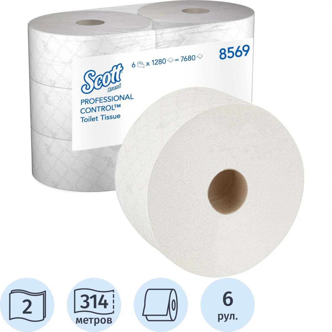 Бумага туалетная д/дисп KK Scott Controll с ЦВ 2сл белая 314м 6 рул/уп_8569 Kimberly-Clark 1095374