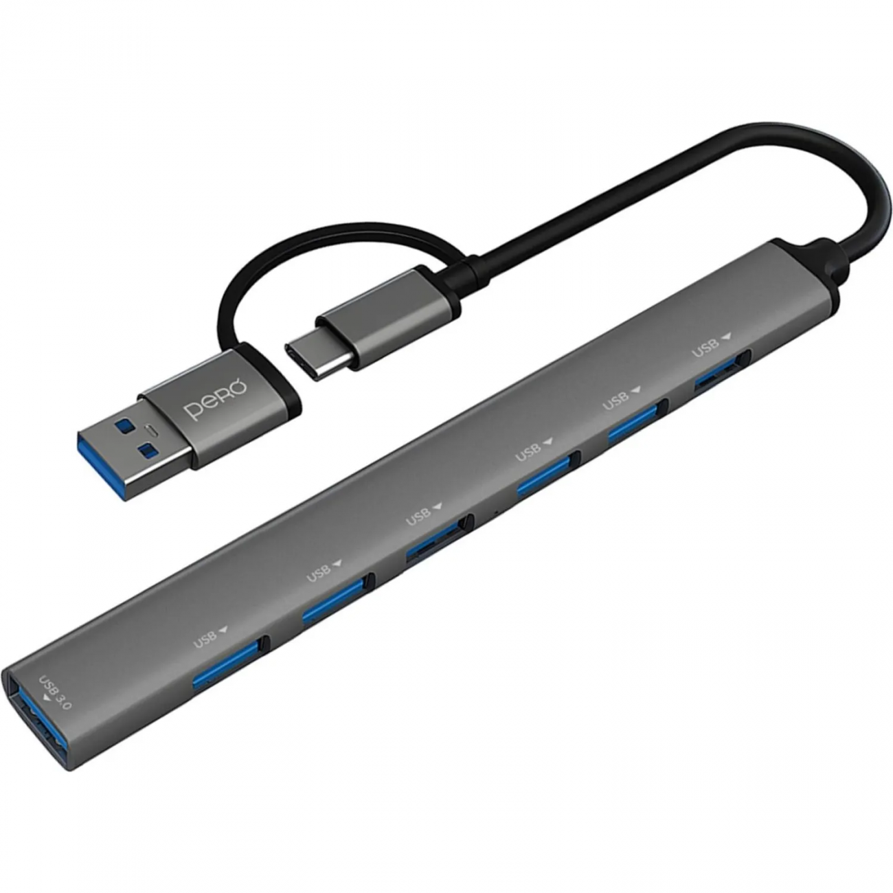 Разветвитель USB PERO MH04, USB-С/USB-A TO USB 3.0 + 6xUSB 2.0, серый 2370504 4673759570481