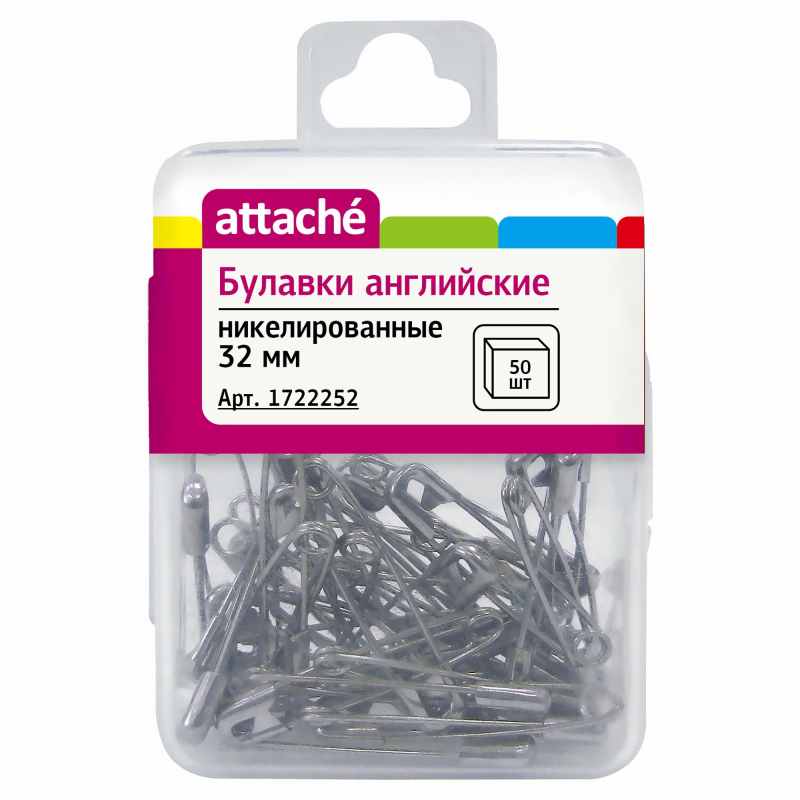Булавки английские Attache, 32 мм, никелир.50 шт/уп,пласт.коробка,европодв 1722252