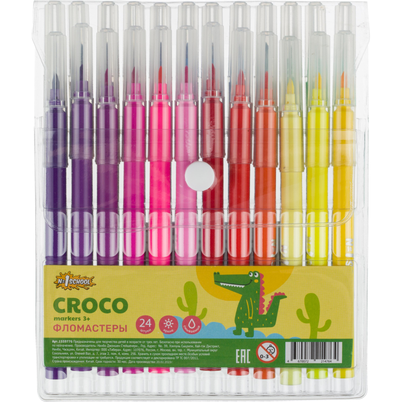 Фломастеры Croco 24цв. прозр.колп,смыв, блист. упак. c кнопкой №1 School 1559776