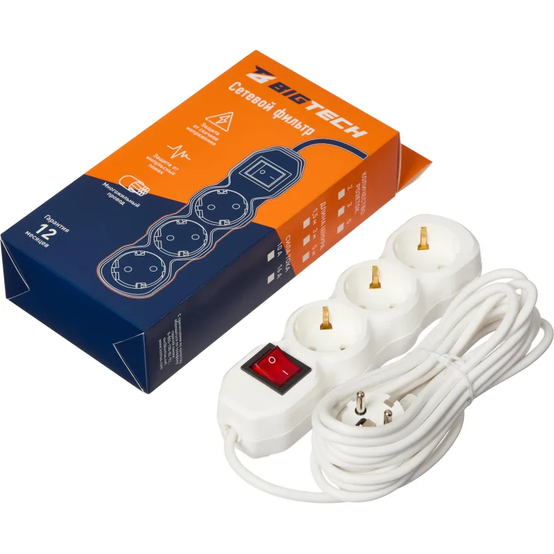 Сетевой фильтр BigTech ST310-5-W(3р/5м/10А/2,2кВт/3х0,75 мм2/белый) 2105950