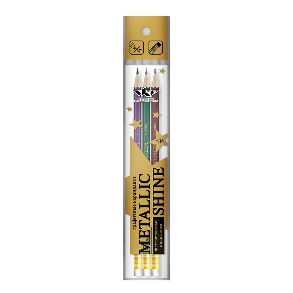 Набор графитных карандашей ВКФ Metallic shine с ластиком ОПП заточенный 3 шт в асс. 3P1-1602