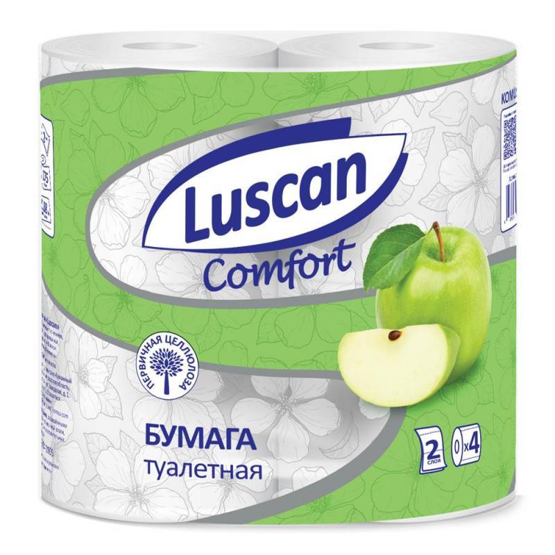 Бумага туалетная Luscan Comfort 2-слойная белая с ароматом яблока (4 рулона в уп) 1178132