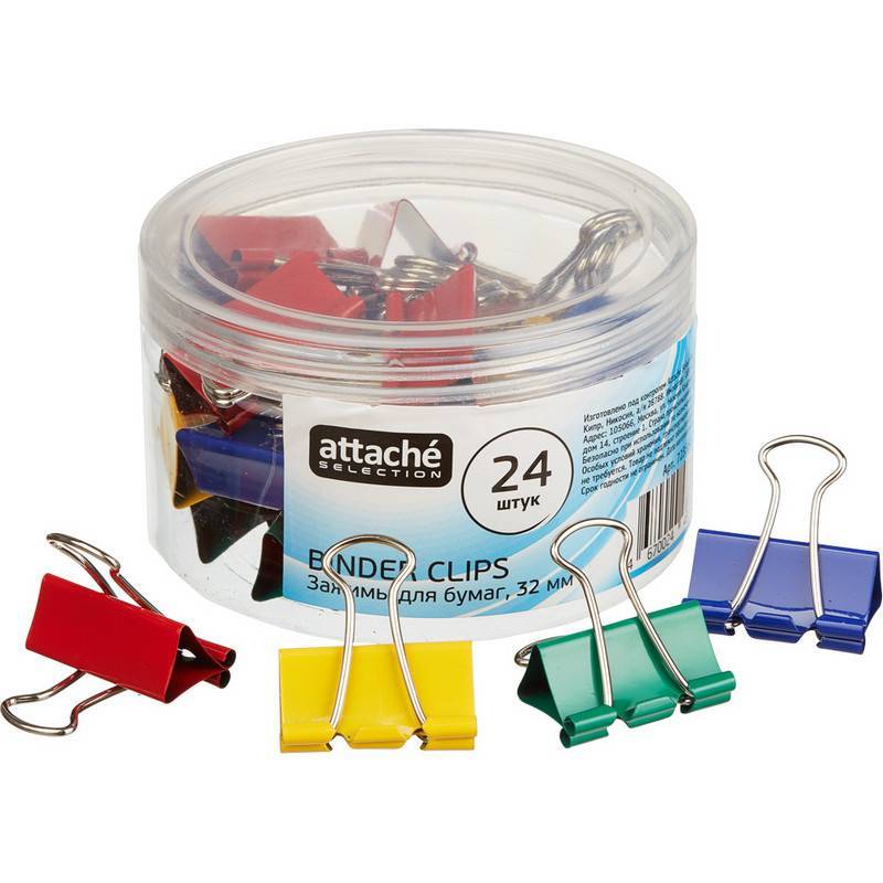 Зажимы для бумаг Attache Selection 32 мм цветные (24 штук в уп) 723554