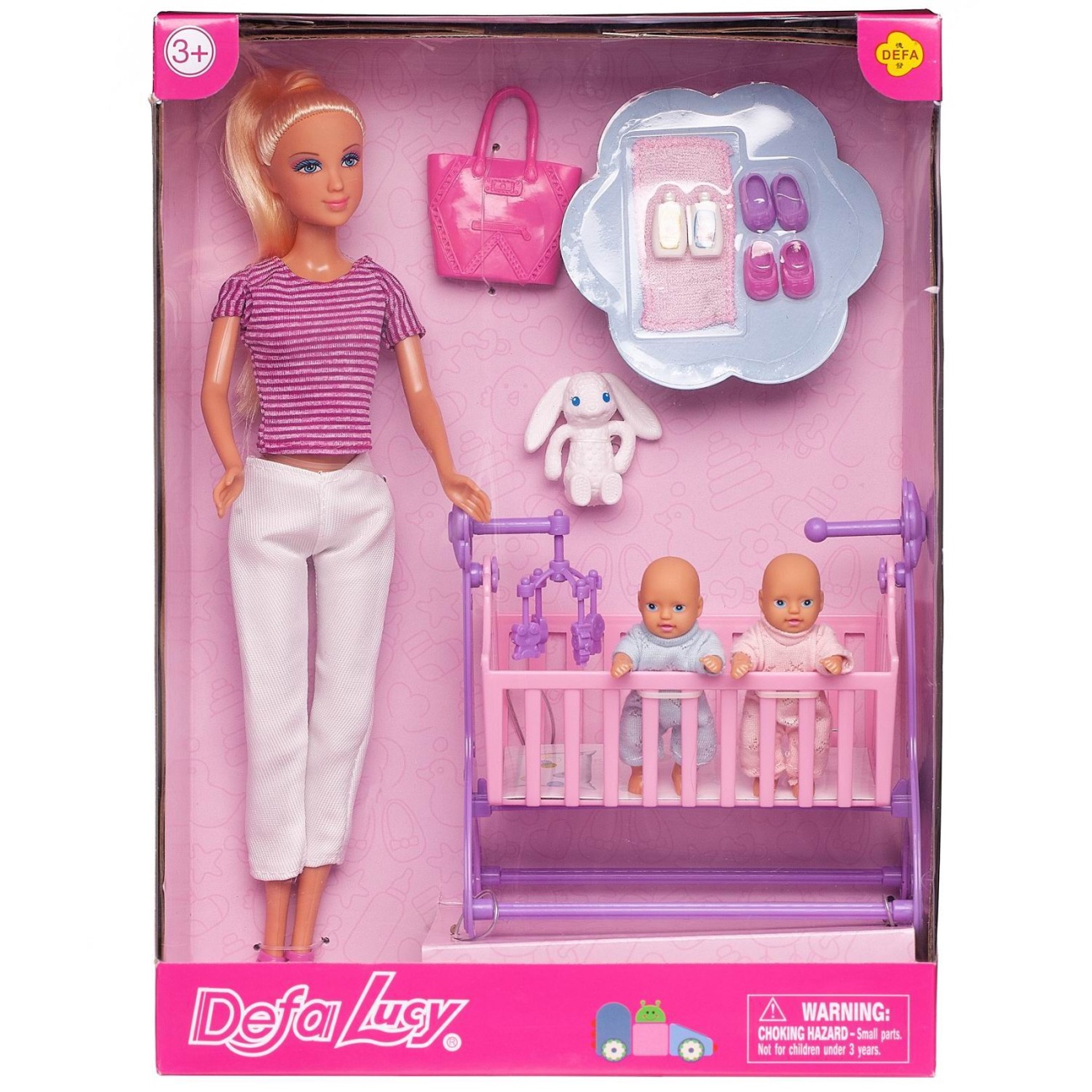 Кукла Defa Lucy Молодая мама в полосатой футболке и белых брюках, 2 близнеца в кроватке, аксесс. 8359d/полосатая