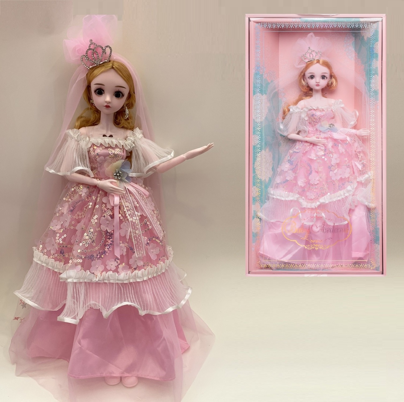 Кукла Junfa Ardana Princess 60 см с диадемой в роскошном длинном розовом платье WJ-36571/розовое