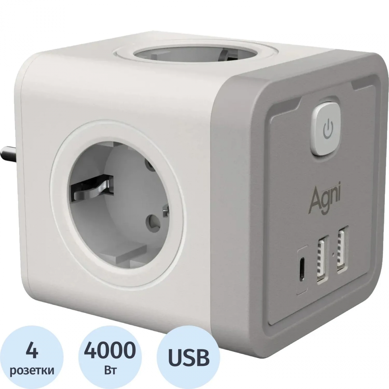 Тройник AGNI 4/220 + 2 USB + 1 Type C,белый(TP-WJ3U4E-C-white) 2444499