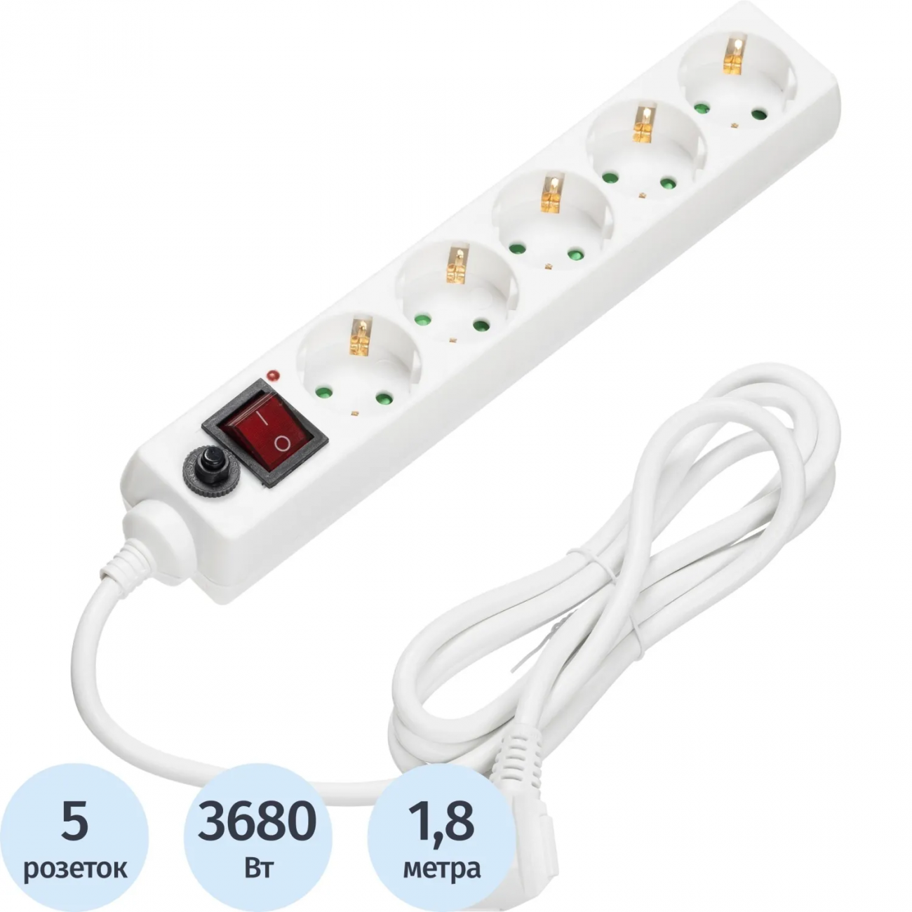 Сетевой фильтр BigTech CD5-1,8W15 (5р/1,8м/16А/3680 Вт 1,5мм белый) 1966684