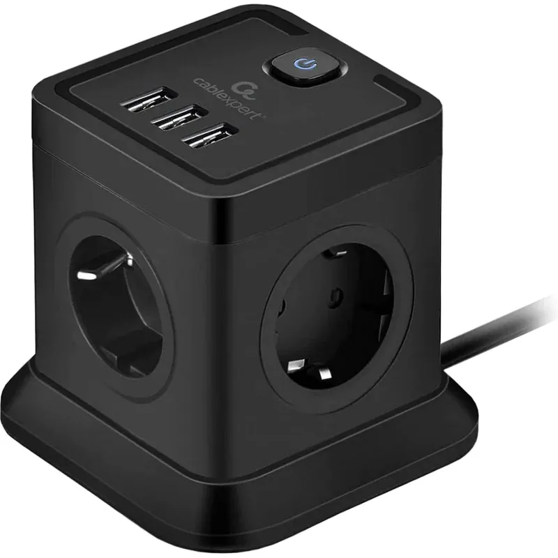 Сетевой фильтр Cablexpert Tower 4р/2м, 10А, 3xUSB, черный(TWR-4-U3-B-2) 2161346