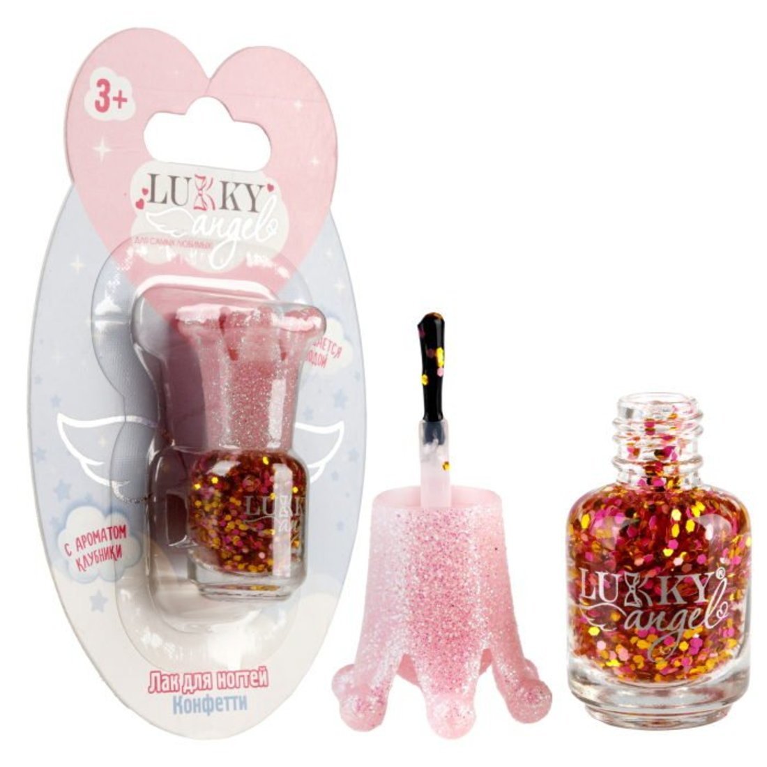 Лак для ногтей Конфетти, смываемый водой, розовый с ароматом клубники Lukky Т23502