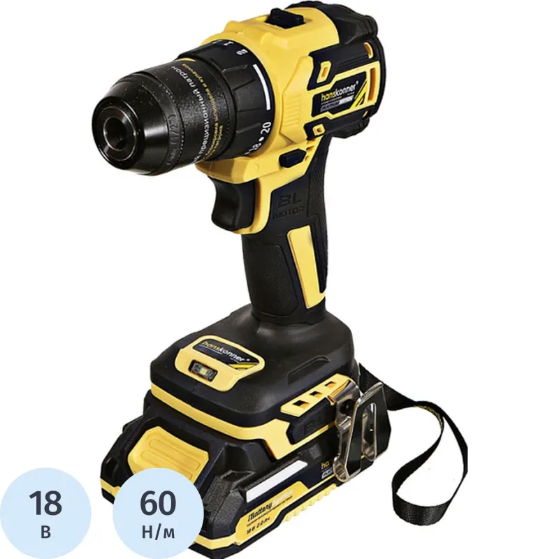 Дрель-шуруповерт акк б/щ Hanskonner,18В,1BatterySystem,60Нм,HCD2065C 2129768