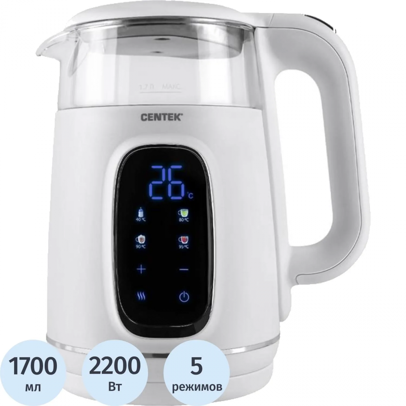 Чайник Centek CT-0052 White 1,7л 2200Вт,2стенки LED-дисплей, 40/80/90/100С 2330575