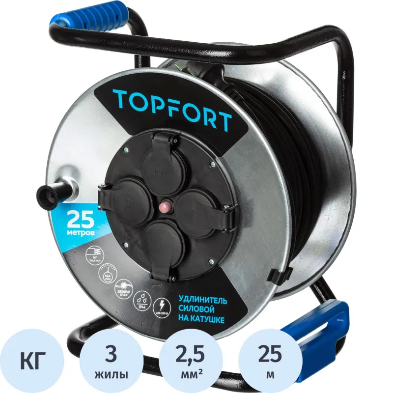 Удлинитель TOPFORT КГ 3x2.5 кв.мм. 25м 16А 4 гнезда с/з. с/загл. IP44 1883719