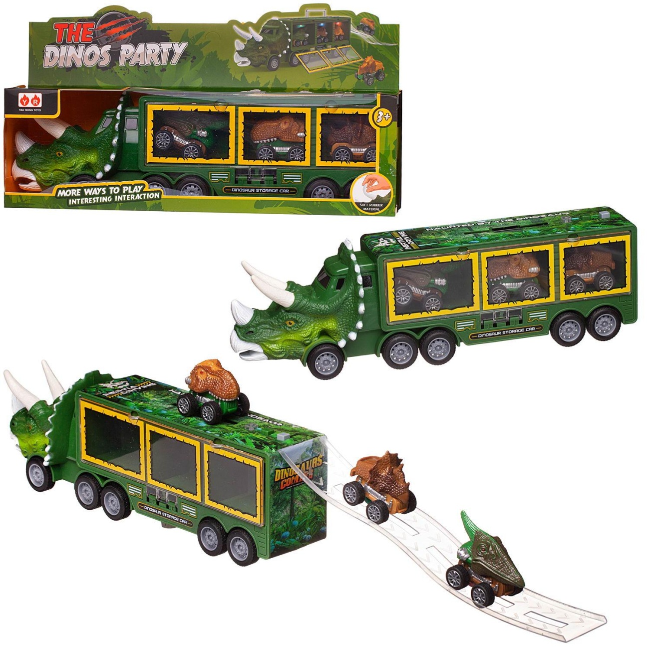 Машинка Junfa Автовоз-динозавр зеленый с 3 машинками-динозаврами со съездом WC-11966