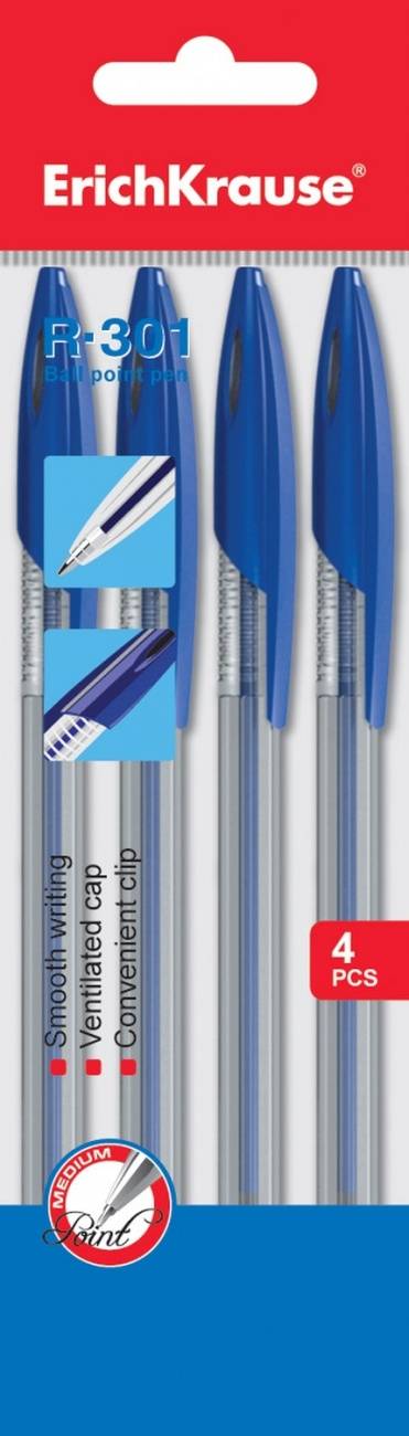 Ручка шариковая R-301 в наборе из 4 штук синие 1мм ErichKrause 22032