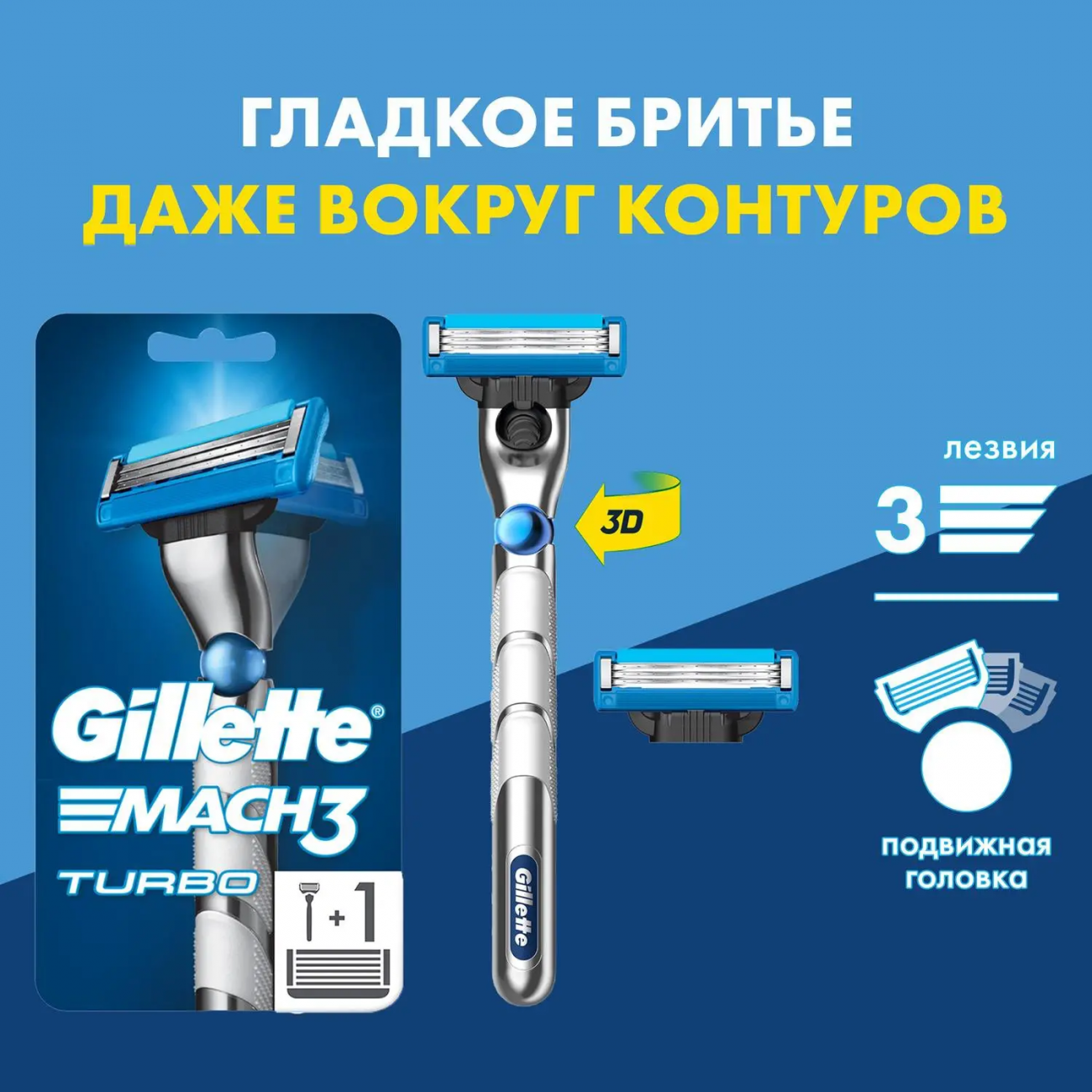 Gillette MACH3 Turbo Станок для бритья с 3D-механизмом + 2 сменные кассеты (3 лезвия) 7702018519989
