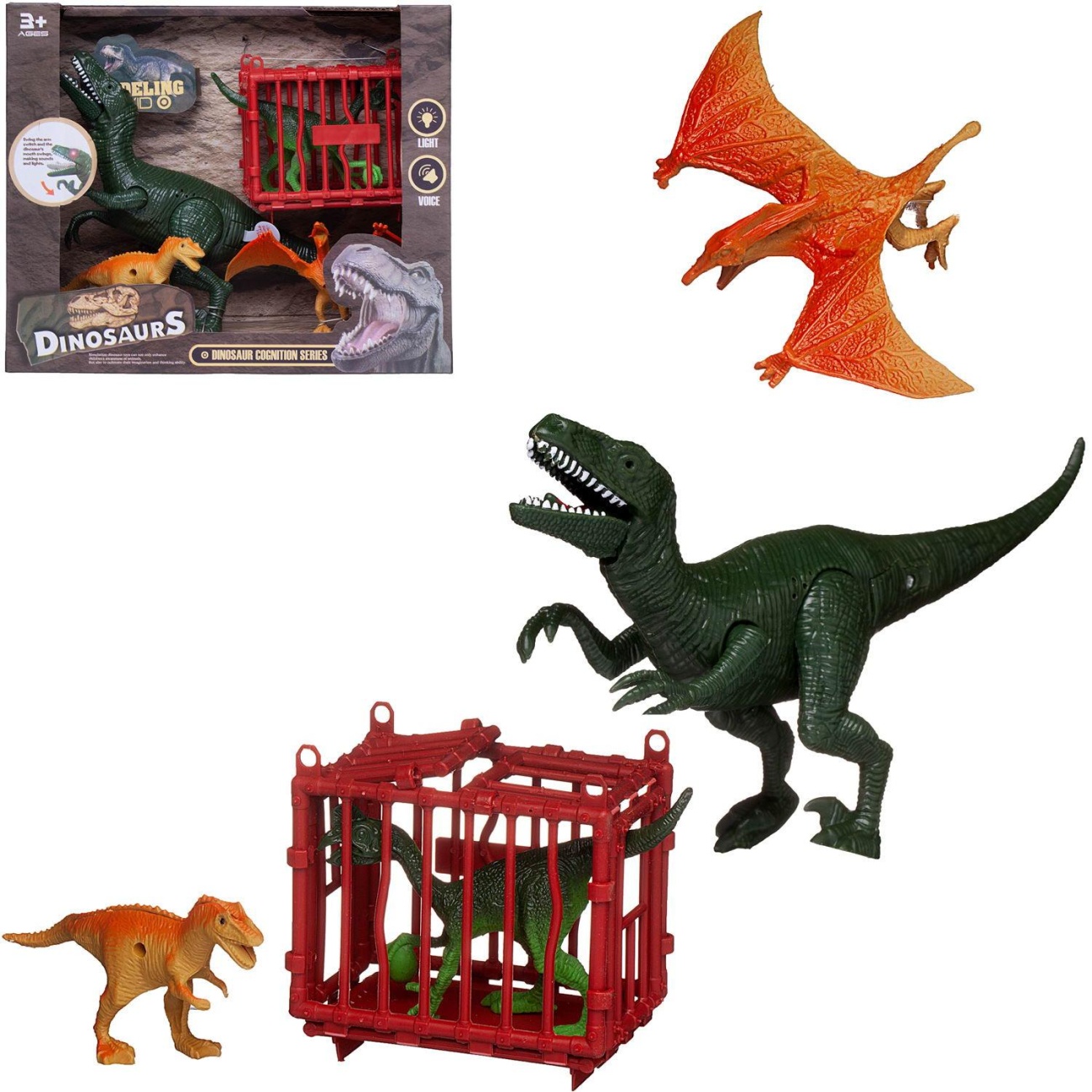 Игровой набор Junfa Динозавры (4 динозавра, клетка) свет/звук WA-19287