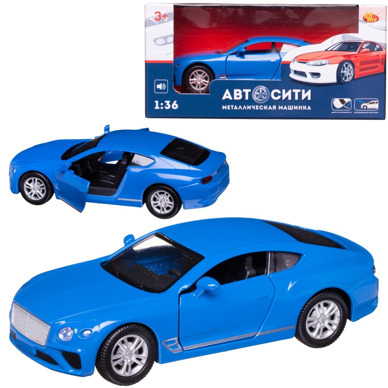 Машинка металл Abtoys АвтоСити 1:36 Седан купе инерция, двери откр., синий свет/звук C-00523/синий