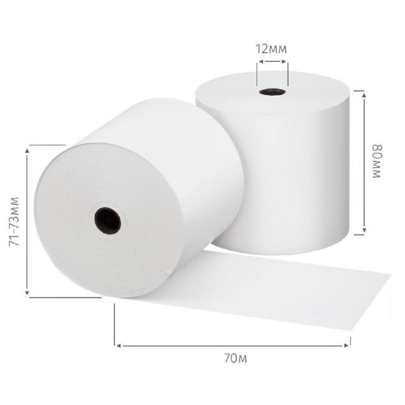 Ролики для касс 80мм х 70м, 58 гр/м2, вт. 12 мм, 3 рул/уп (спайка) 1956080