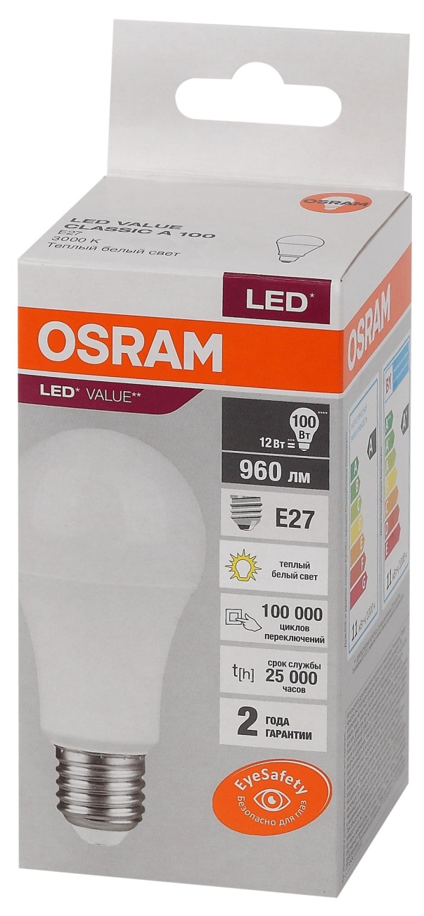 Лампа светодиодная OSRAM LED Value A, 960лм, 12Вт (замена 100Вт) 3000К 1683360 4058075578975