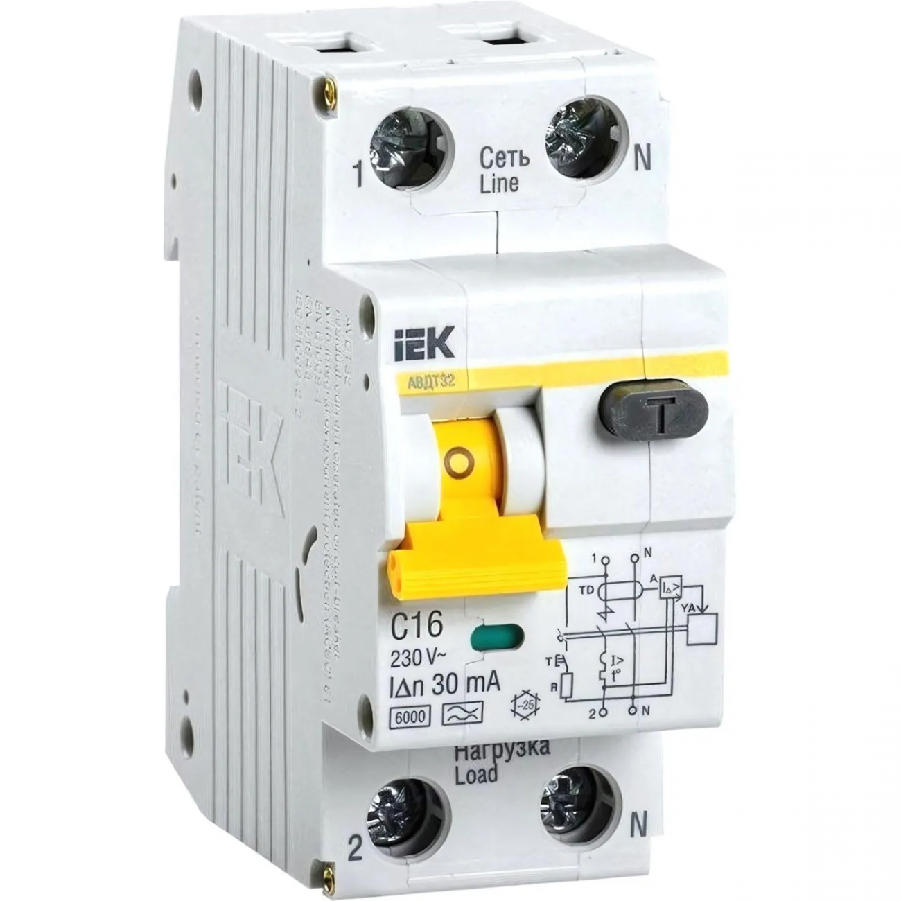 Выключатель автом. диф. тока IEK АВДТ-32 2п (1P+N) C 16А 30мА A 6кА 1533819 MAD22-5-016-C-30