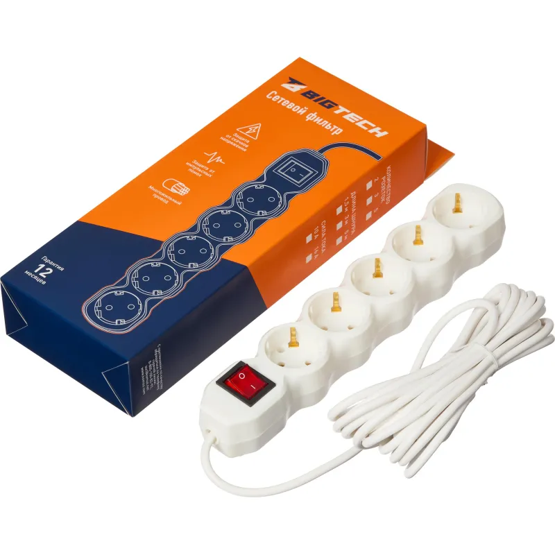 Сетевой фильтр BigTech ST510-5-W(5р/5м/10А/2,2кВт/3х0,75 мм2/белый) 2105953