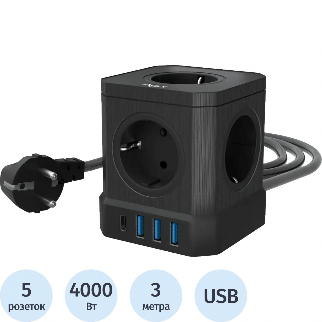 Сетевой фильтр AGNI 5р/3м,3USB 1TYPE-C,черный(TP-VE4U5E-C-3m-black) 2444472