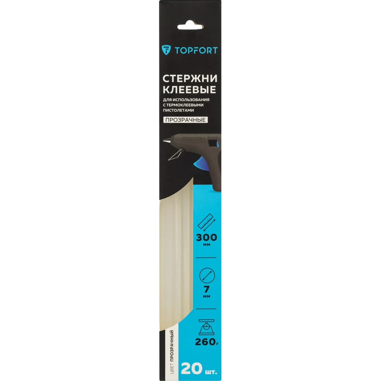 Стержни клеевые прозрачные 7x300, упаковка 20 штук, Topfort 2128934