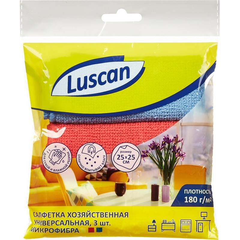 Салфетки хозяйственные Luscan микрофибра 25х25 см 3 штуки в уп Luscan Economy 957392