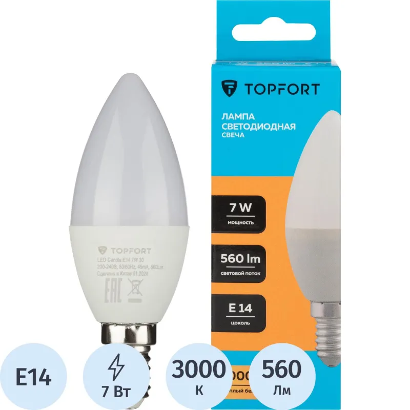 Лампа светодиодная Topfort E14 7W 3000K свеча 1885093
