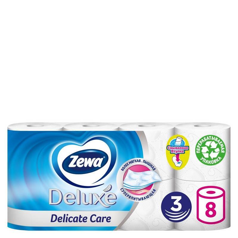 Бумага туалетная Zewa Deluxe 3-слойная белая (8 рулонов в уп) 5366 311378