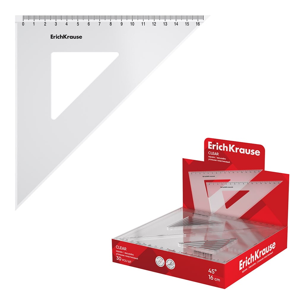 Угольник пластиковый ErichKrause Clear, 45°/16см, прозрачный 52974EK