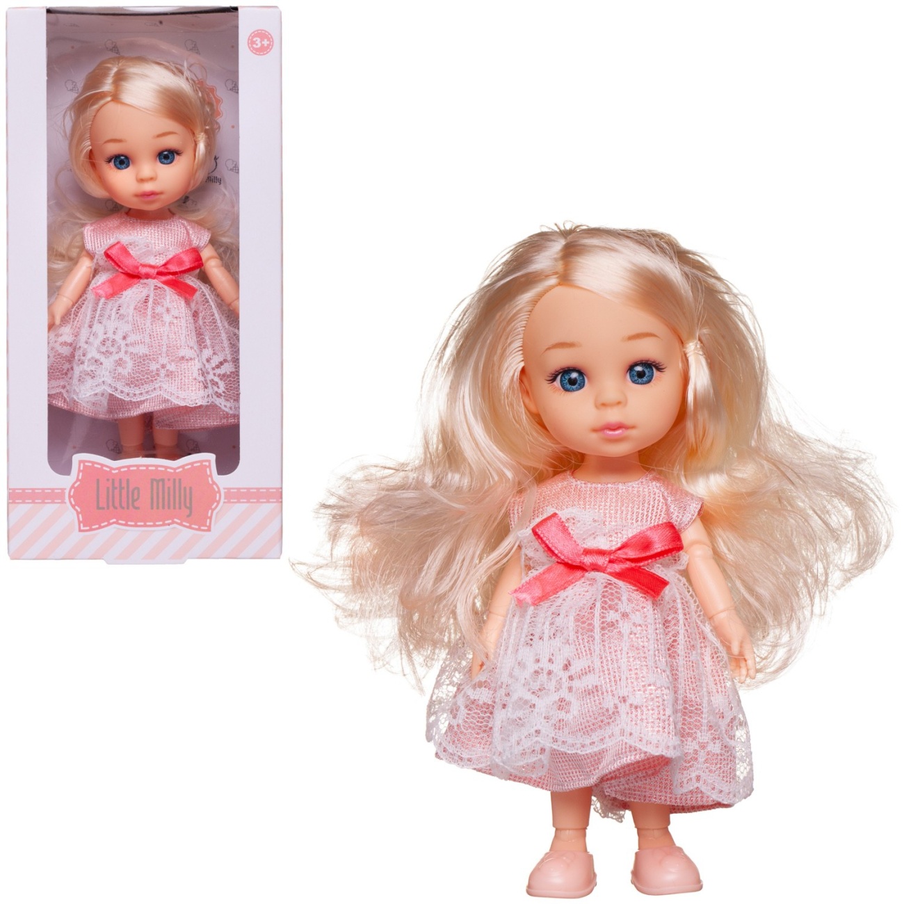 Кукла Junfa 16см Малышка-милашка в розовом ажурном кружевном платье WJ-30336