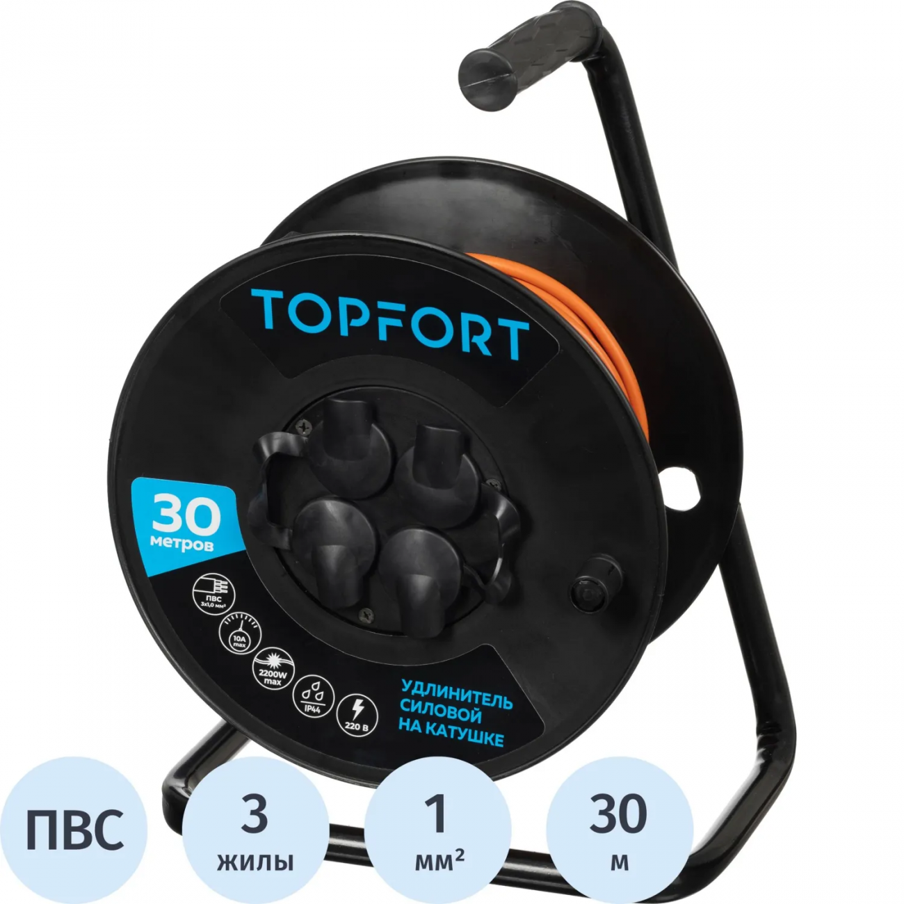 Удлинитель Topfort ПВС 3х1кв.мм, 30м на пласт.катушке, 4 роз. с/з, IP44 2267258 TEH303-185