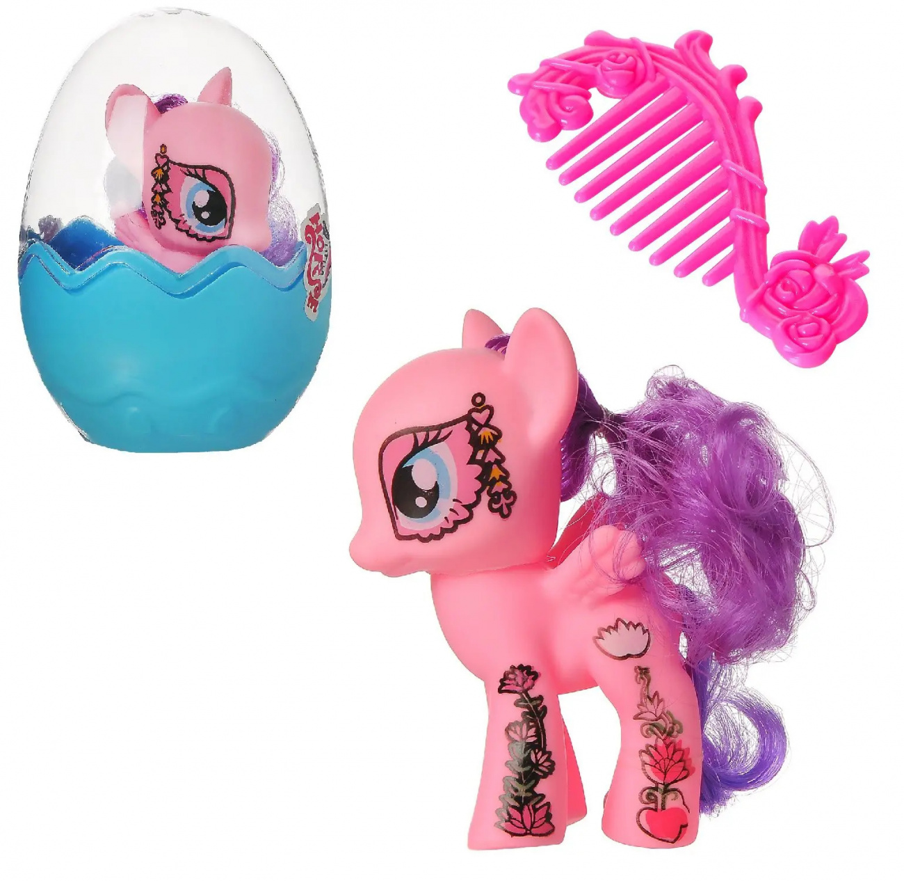 Пони Junfa розовая с расческой в яйце (с узорами) S1235/розовая