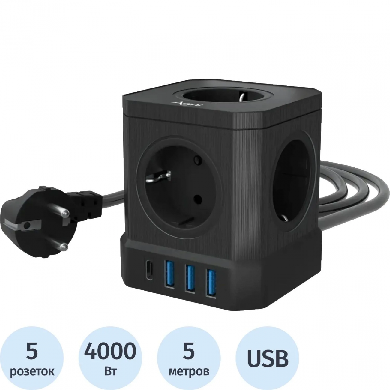 Сетевой фильтр AGNI 5р/5м,3USB 1TYPE-C,черный(TP-VE4U5E-C-5m-black) 2444473