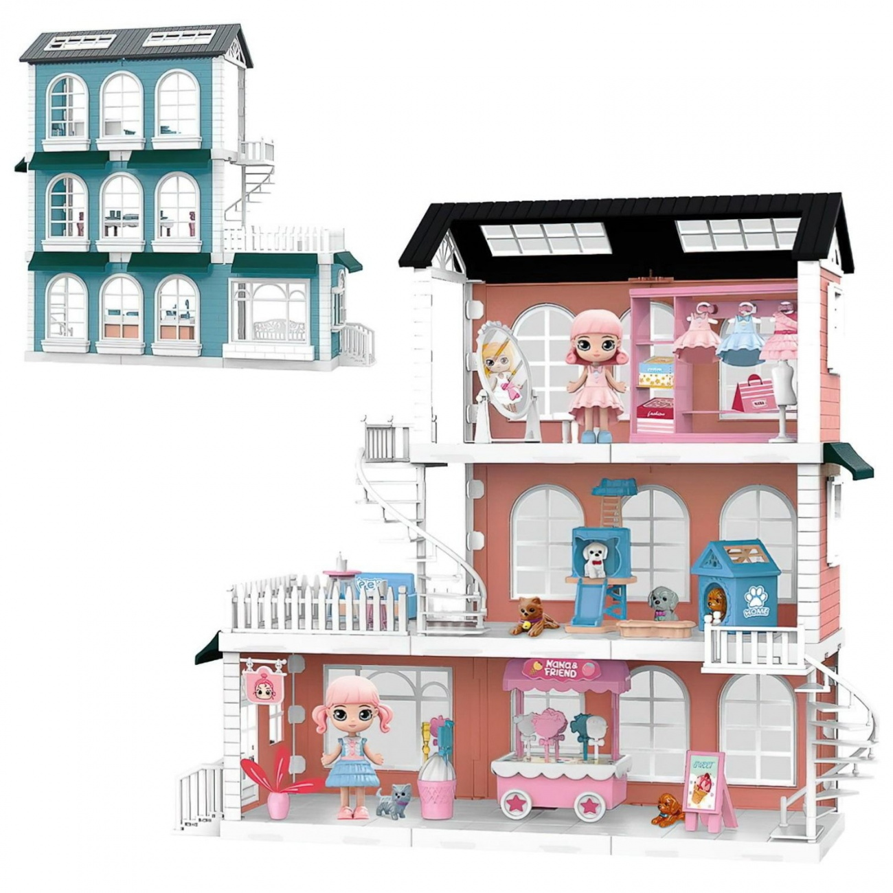 Игровой набор ABtoys Модульный домик, 8 секций. Мини-куколки с питомцами и аксесс. WZ-11420/розовый