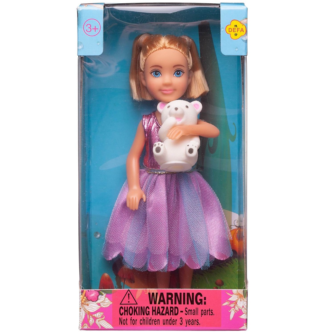 Кукла Defa Lucy Малышка в розово-сиреневом платье с белым медвежонком, 15 см 8280d/розово-сиреневое