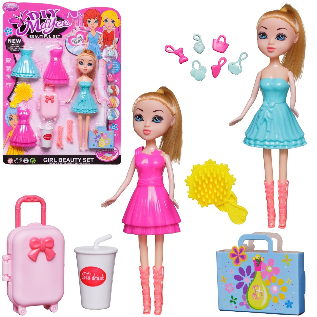 Кукла Junfa 23 см с 2 платьями (розовым и бирюзовым) в сапожках с аксесс. WJ-34455/набор1