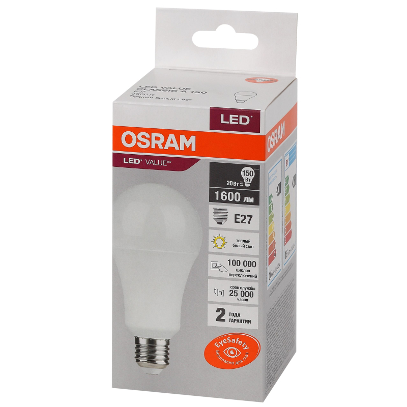 Лампа светодиод Osram LED Value A, 1600лм, 20Вт (замена 150Вт), 3000К 1683366 4058075579293