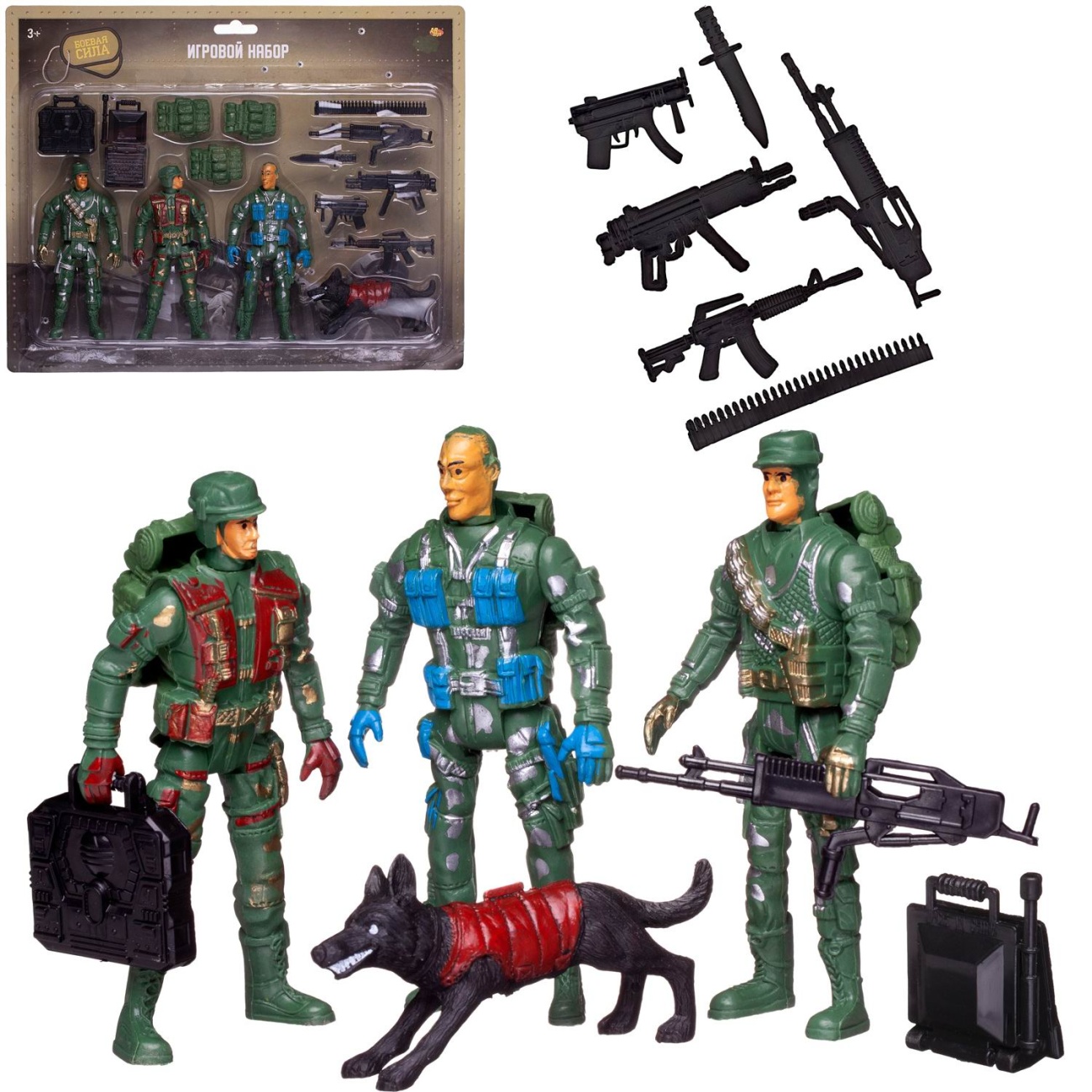 Игровой набор Abtoys Боевая сила Три солдата с собакой, экипировкой и оружием PT-01794