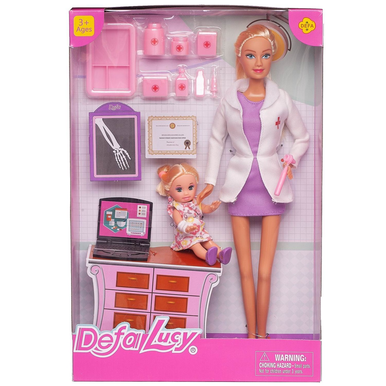 Кукла Defa Lucy Доктор (белый халат, фиолетовое платье) с девочкой-малышкой на приеме, с аксесс. 29 см 8348d/фиолетовое