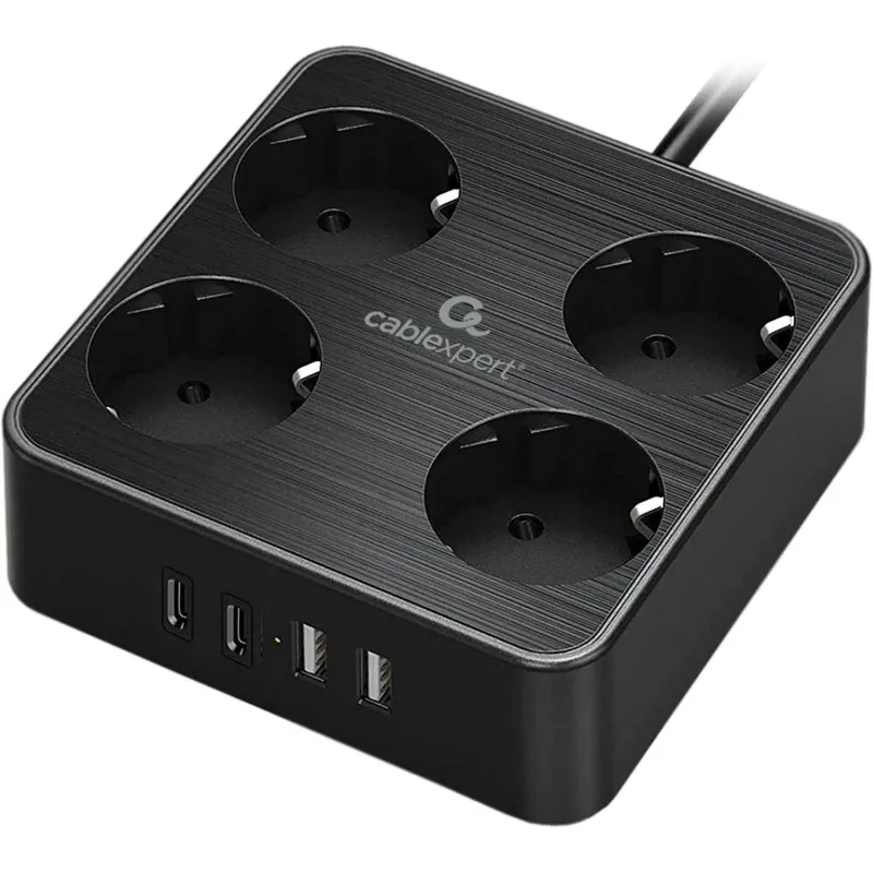 Сетевой фильтр Cablexpert Plate 4р/2м, 10А, 2xUSB, черный(PLT-4-C2U2-B-2) 2161352