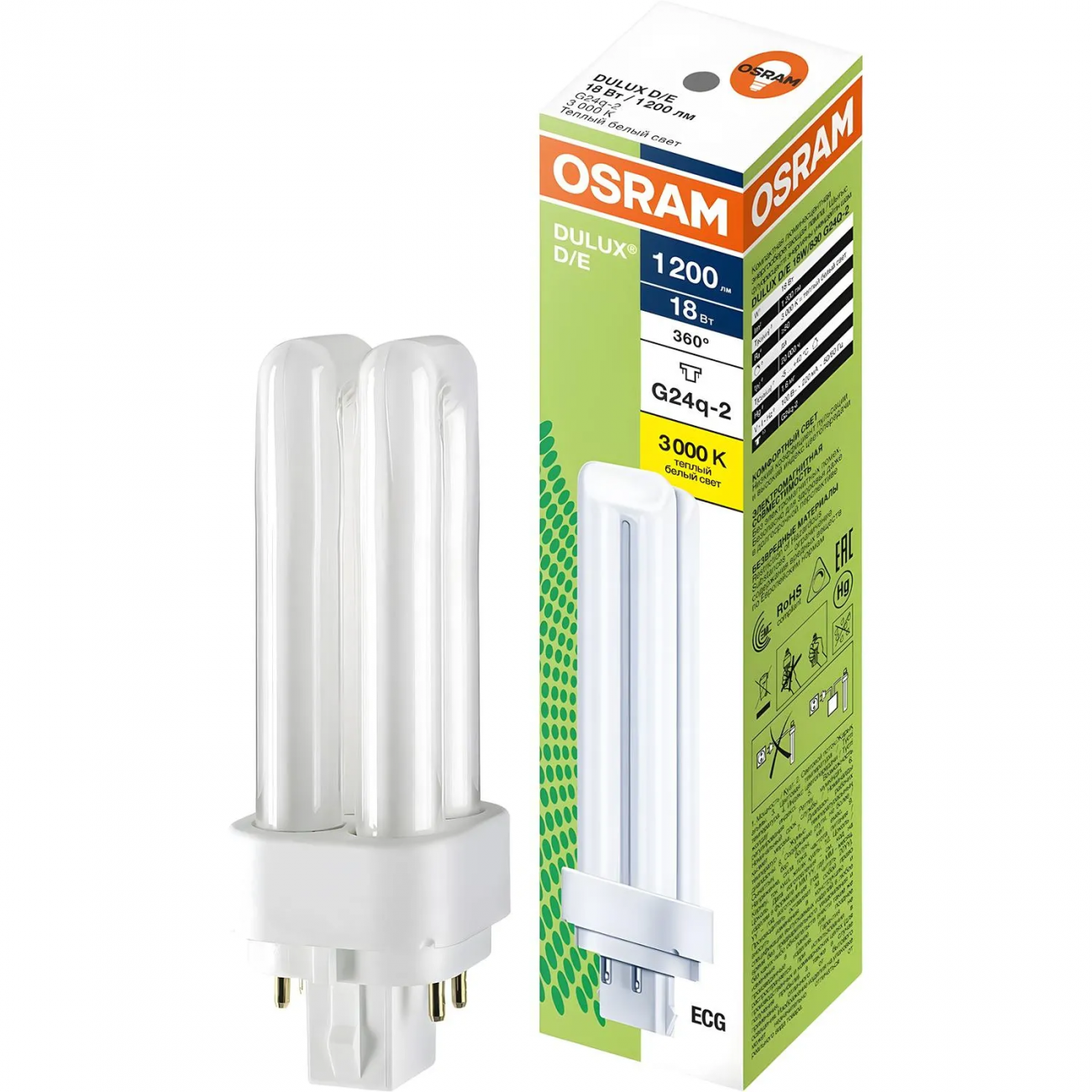 Лампа люминесцентная компактная DULUX D/E 18Вт/830 G24q-2 OSRAM 122354 2231404 4099854122354