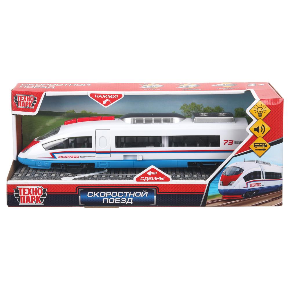 Модель свет-звук "Электропоезд", 30 см. 4 кнопки, инерция, белый Технопарк ELTRAIN-30PL-BUWH-WOD