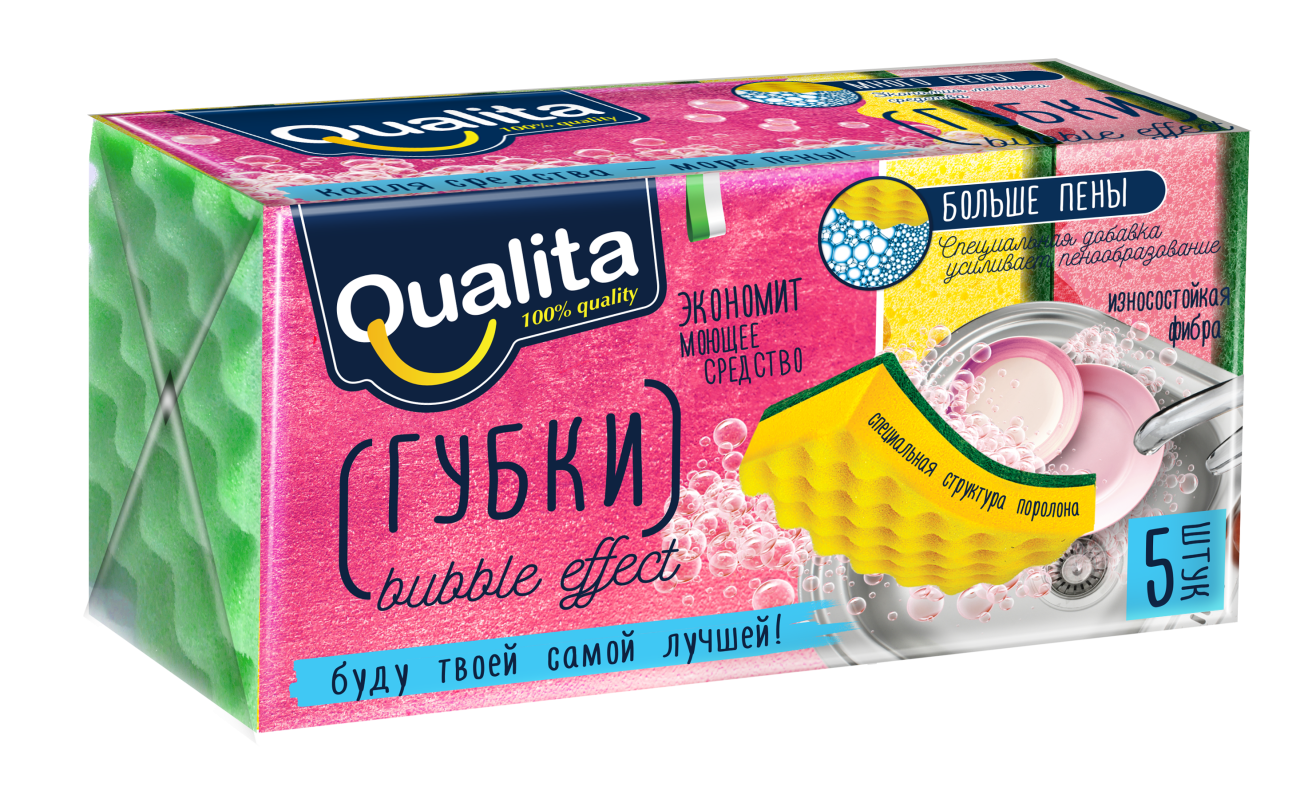 Губки для мытья посуды Qualita Bubble Effect поролоновые 100x66x37 мм 5 шт в уп 6281 1195656