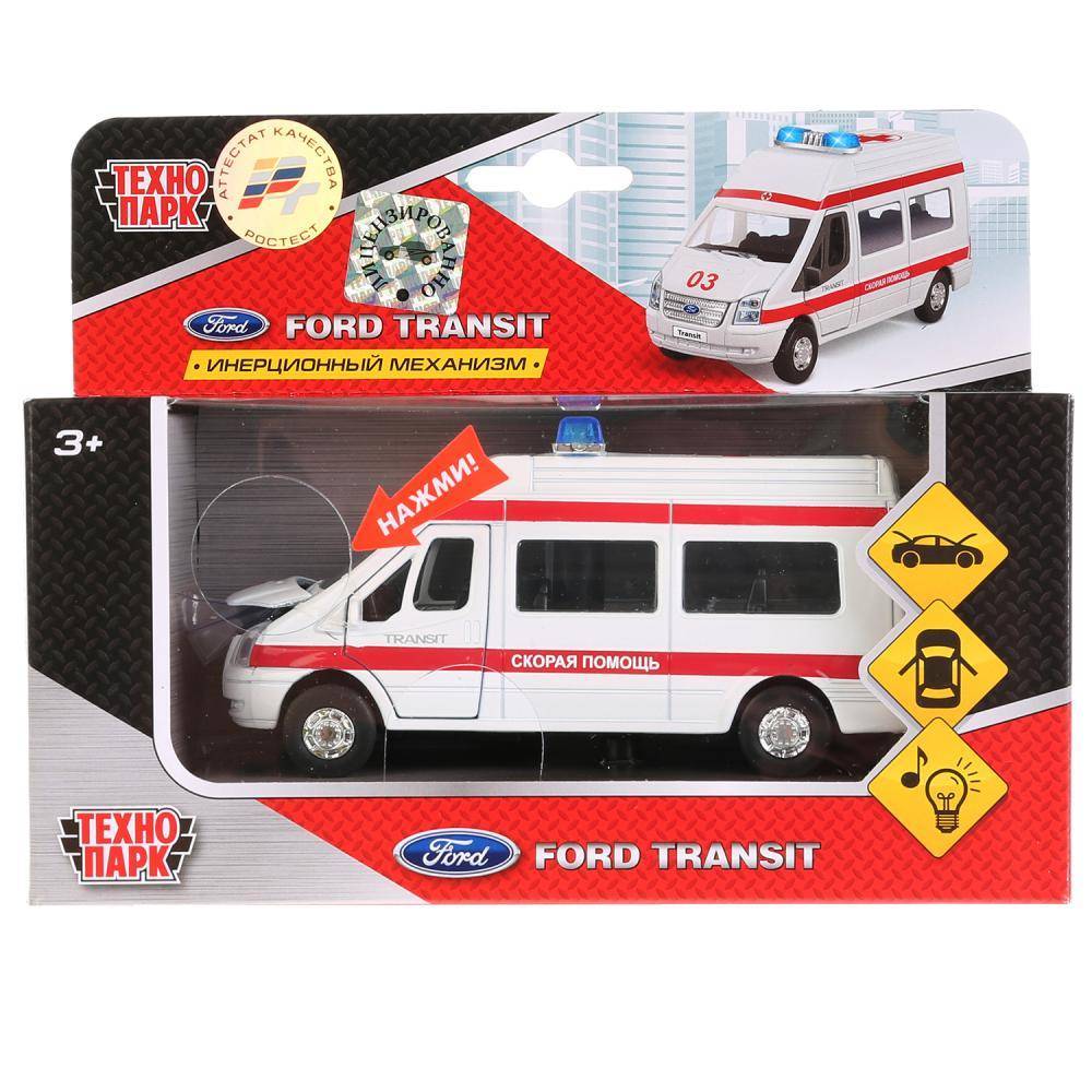 Машина металл инерционная Ford Transit "Скорая помощь" свет/звук Технопарк SB-13-02-1