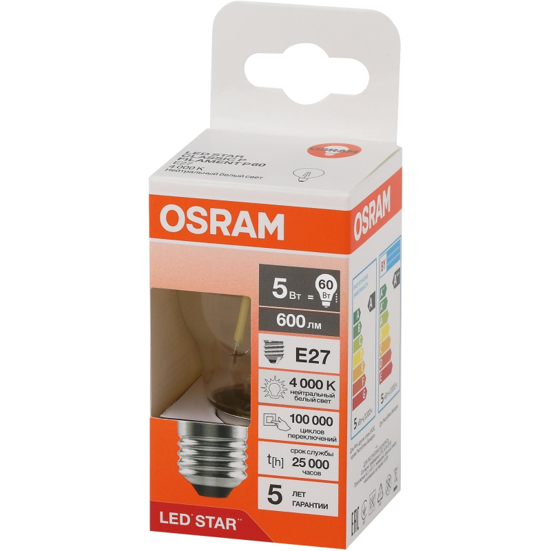 Лампа светодиодная OSRAM LSCLP60 5W/840 230VFILCL E27 FS1 1895000 4058075684690