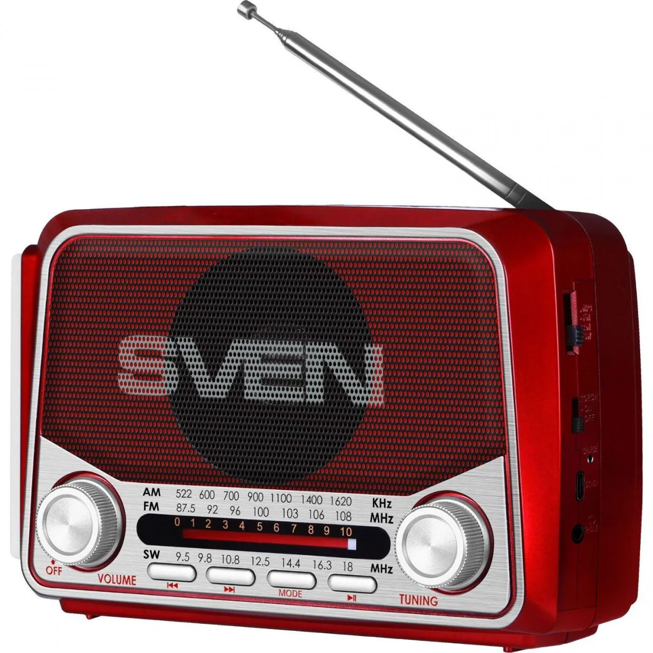Радиоприемник Sven SRP-150, красный, BT/FM/AM/SW/USB/microSD, фонарь, аккум 2321018 SV-022617