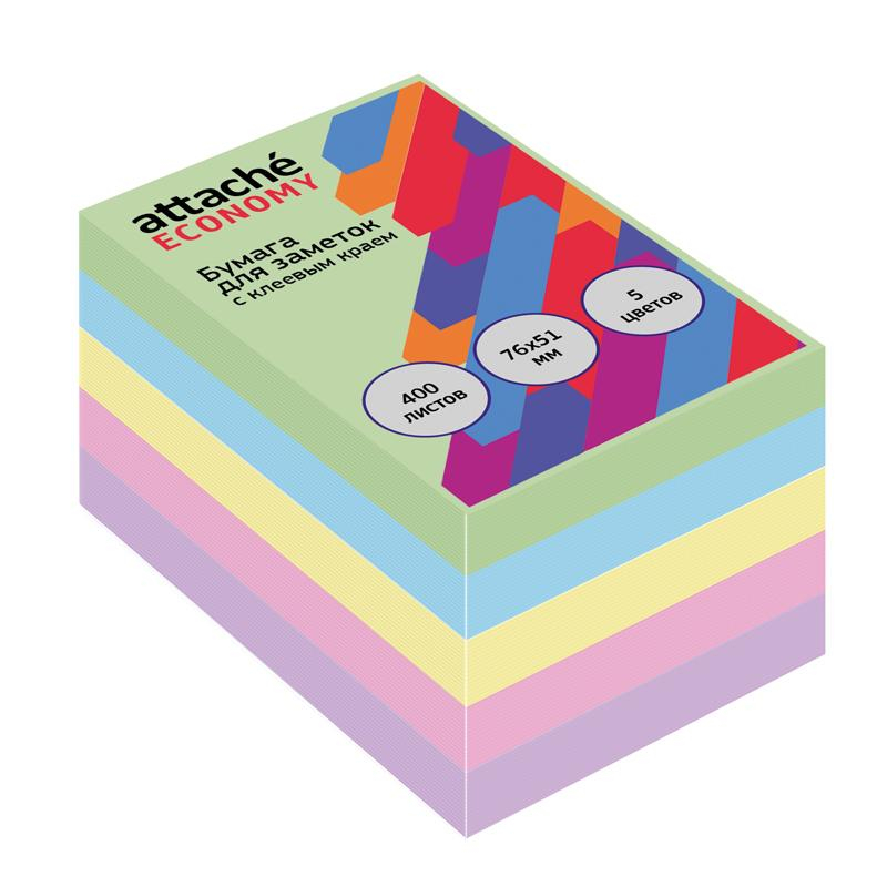 Бумага д/заметок с кл. краем Economy 76x51 мм, 400 л, 5 цветов в асс Attache Economy 1408007